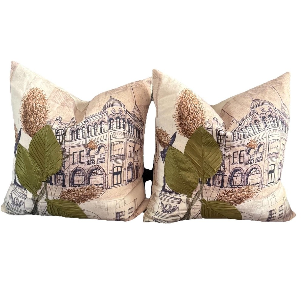 Vintage 16x16 Decorative Throw Pillow Set Of 2 Architectural Print‎ Feather Fill